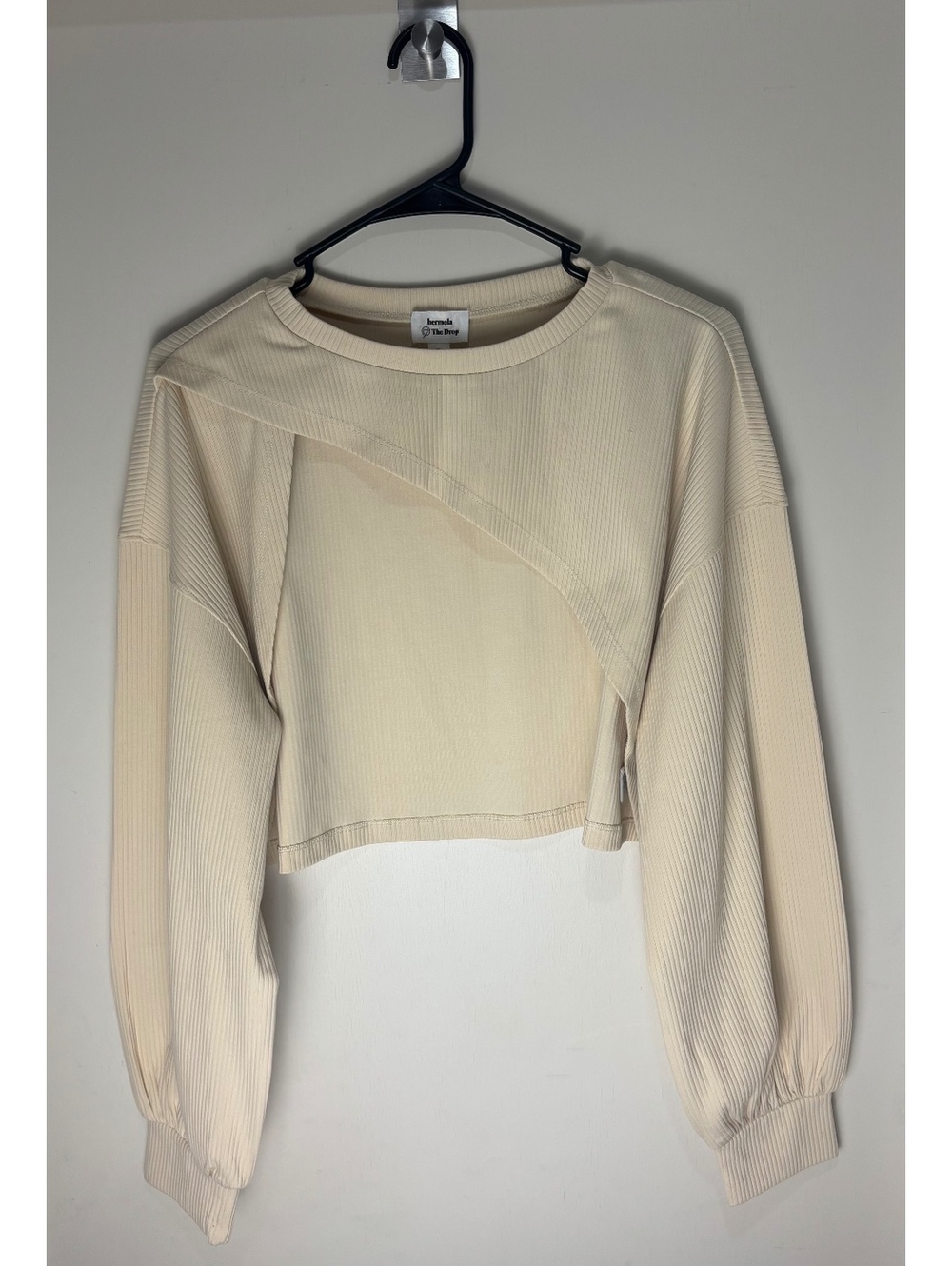 Hermela x The Drop XL Creme Brulee Ribbed Cropped Cutout Top Balloon Sleeve